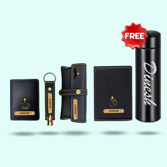 Personalized 5-in-1 Special Gift Hamper for Unisex ( Includes 1 Free Bottle ) - Card Holder, Passport Cover, Keychain, Sunglass Case, Bottle