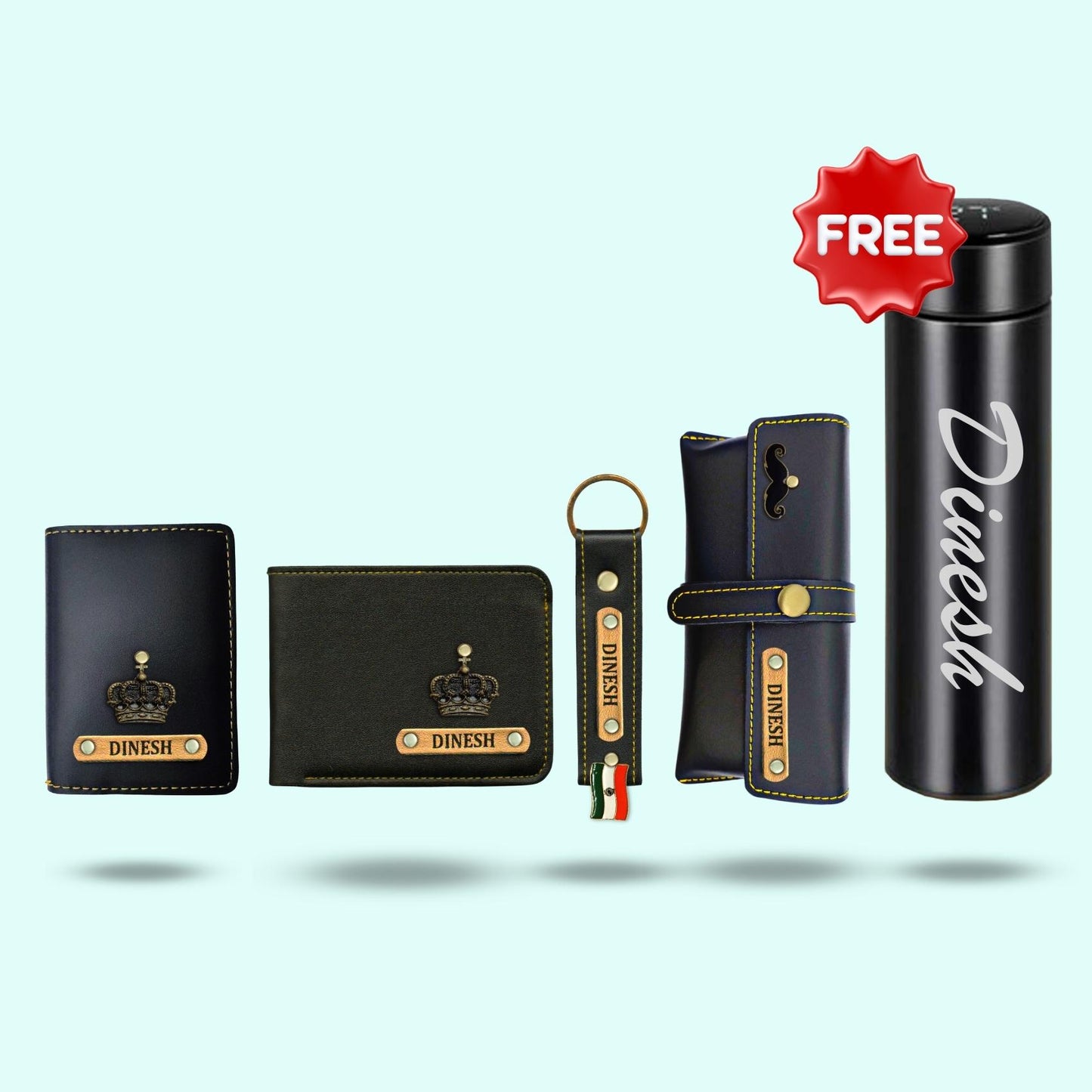 Personalized 5-in-1 Gift Hamper for Men ( Includes 1 Free Bottle ) - Card Holder, Mens Wallet, Keychain, Sunglass Case, Bottle