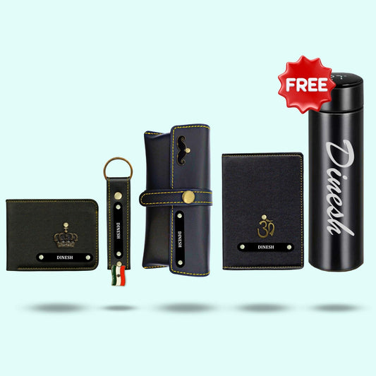 Personalized 5-in-1 Gift Hamper Set for Men (  Includes 1 Free Bottle ) - Black Metal Name Tag