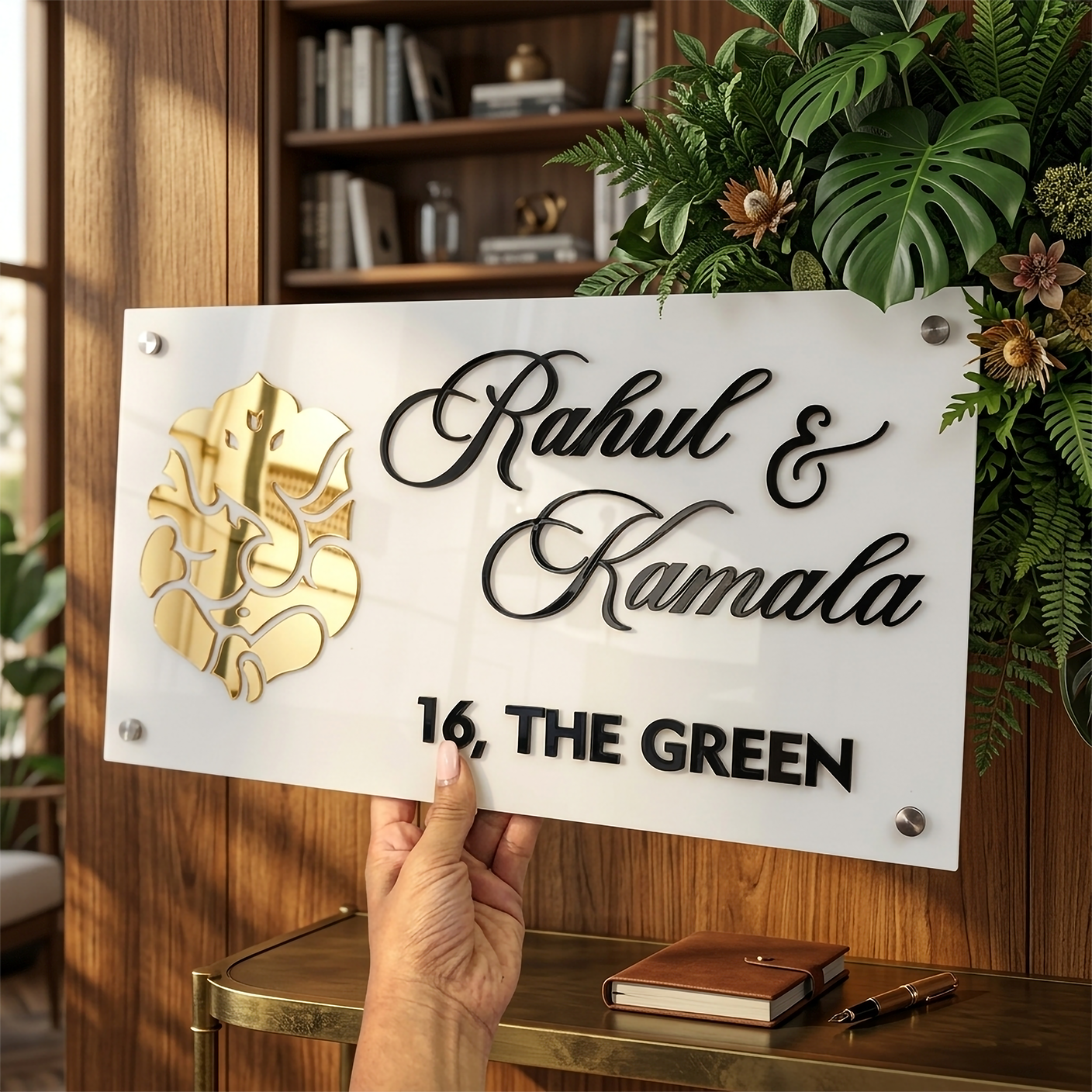 3D Custom Acrylic Nameplate for Home Entrance – Personalized Mirror Gold Ganesha & Raised Black Lettering Door Name Board