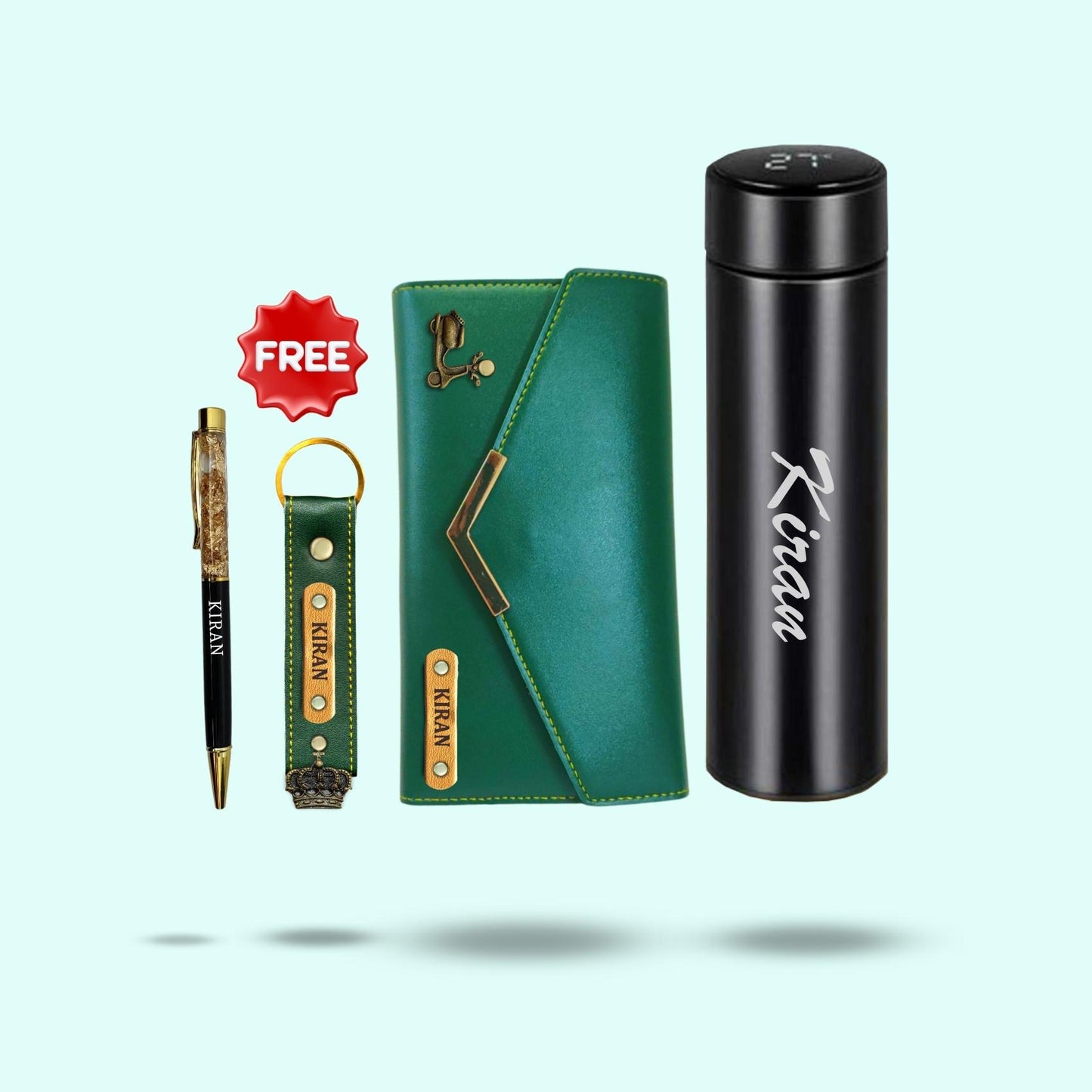 Personalized 4-in-1 Hamper Set for Women - Wallet, Pen, Bottle and Free Keychain