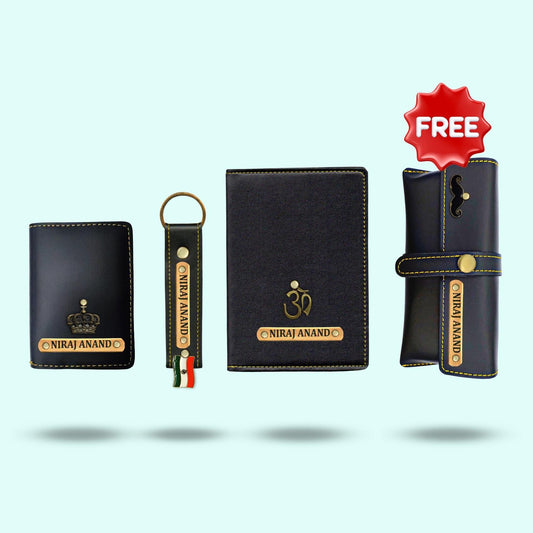 Personalized 4-in-1 Gift Hamper for Unisex ( Includes 1 Free Sunglass Case ) - Card Holder, Keychain, Passport Cover, Sunglass Case