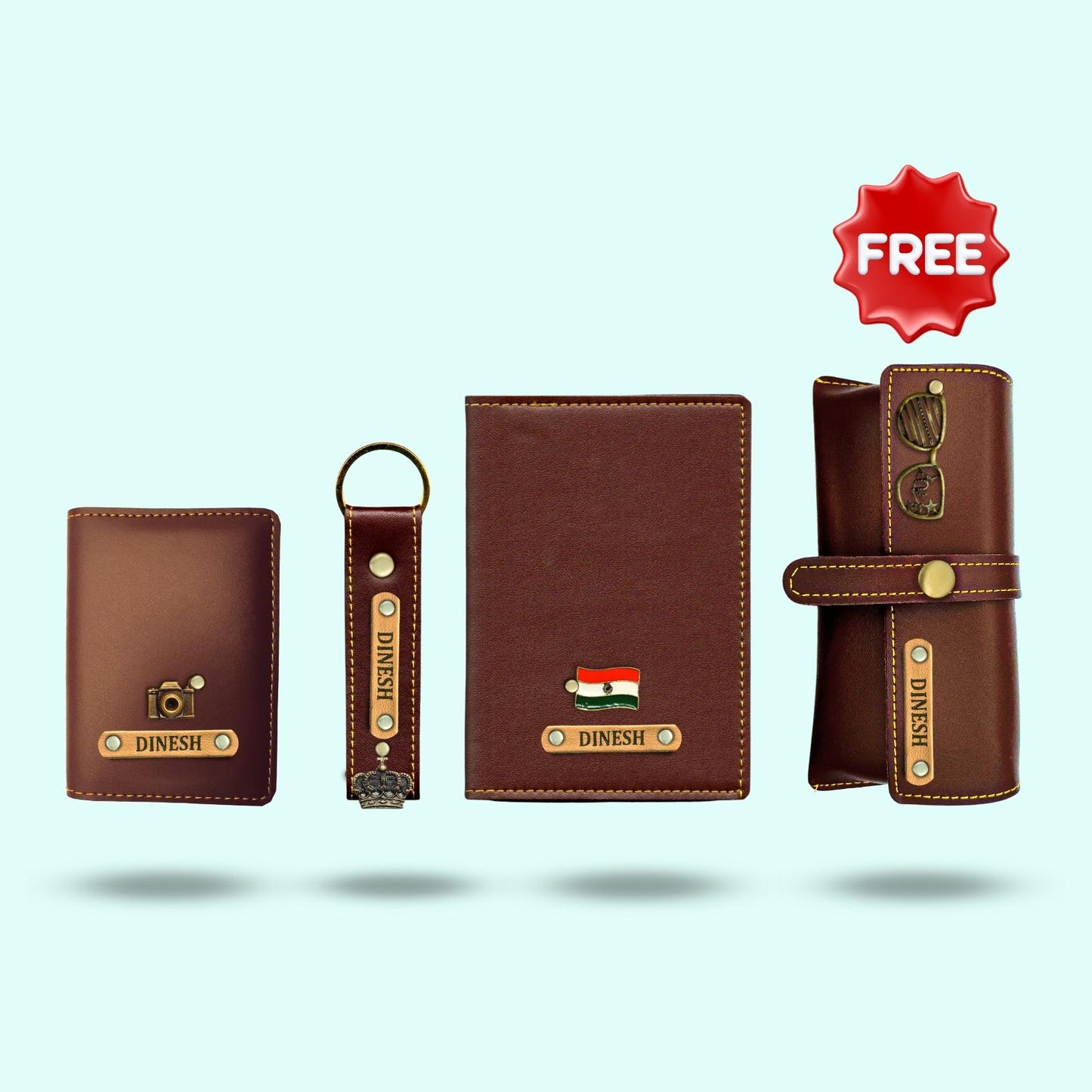 Personalized 4-in-1 Gift Hamper for Unisex ( Includes 1 Free Sunglass Case ) - Card Holder, Keychain, Passport Cover, Sunglass Case