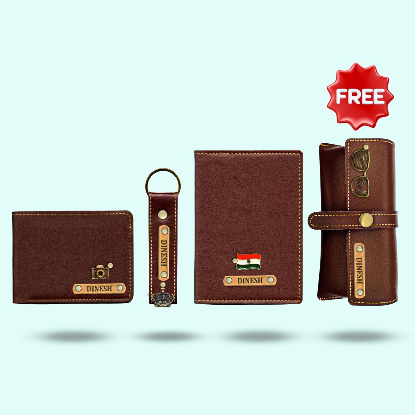 Personalized 4-in-1 Special Gift Hamper for Men - Dark Brown - Includes 1 Free Sunglass Case