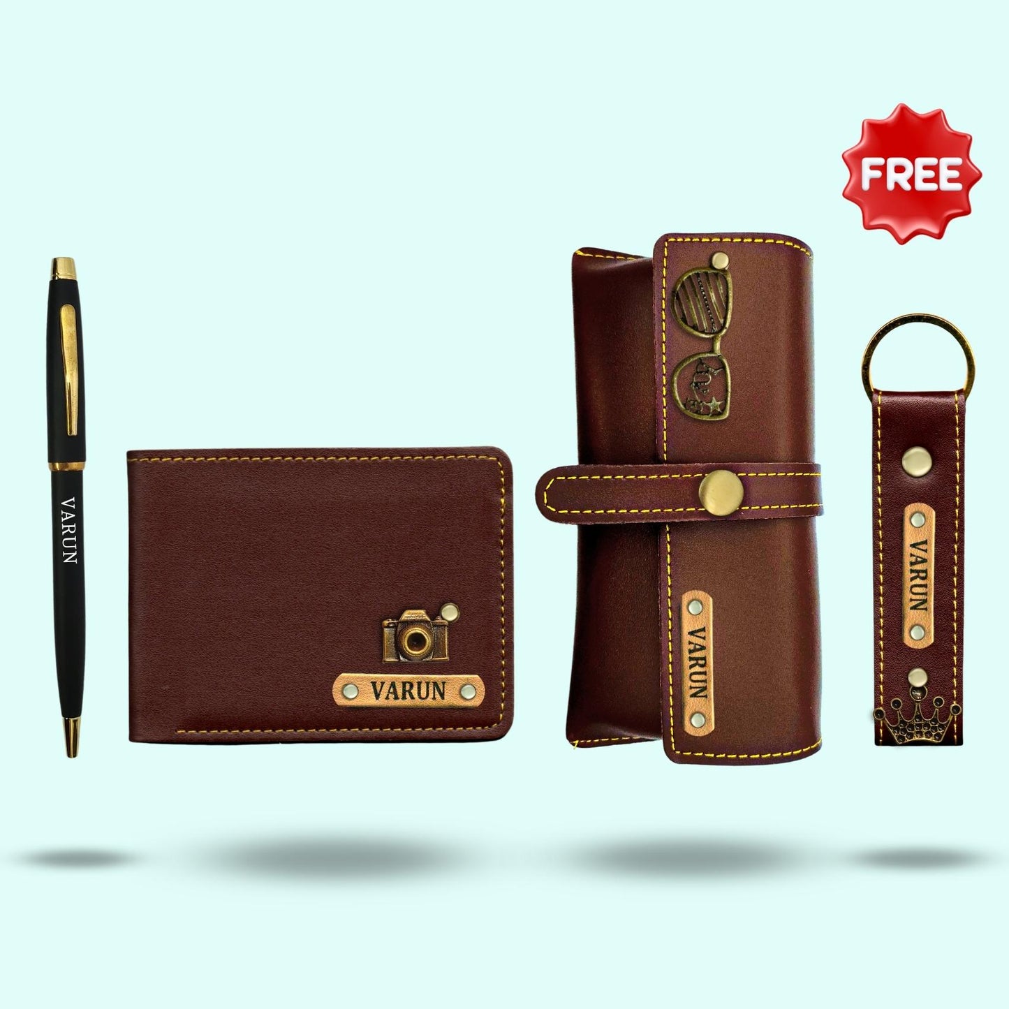 Personalized 4-in-1 Special Hamper For Him - Includes 1 Free Keychain - Dark Brown