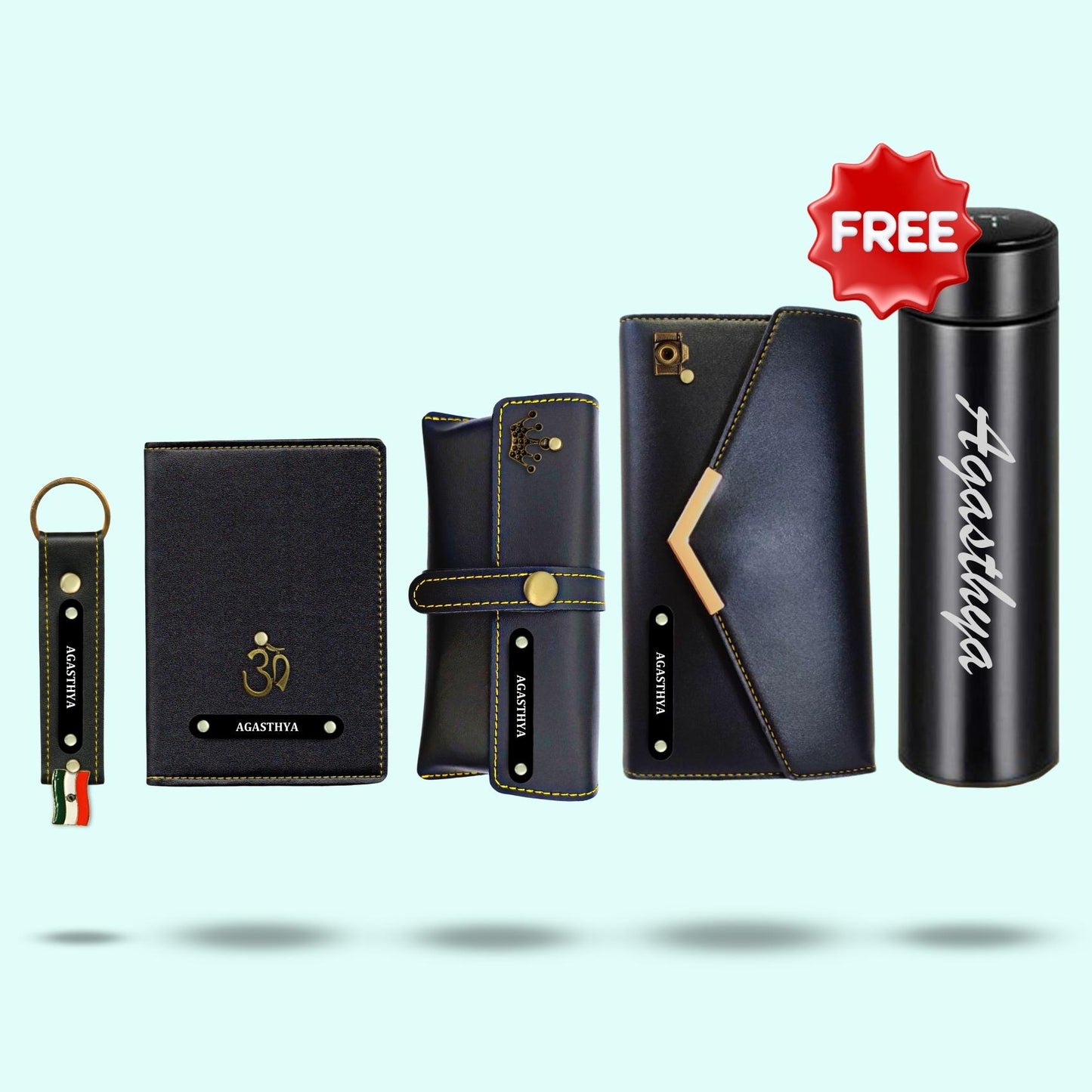 Personalized Gift Hamper Set for Women ( Includes 1 Free Bottle ) - Black Metal Name Tag