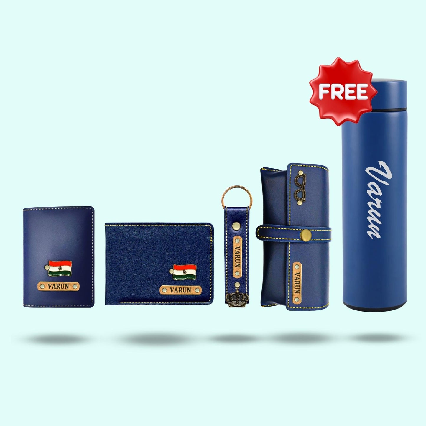 Personalized 5-in-1 Gift Hamper for Men ( Includes 1 Free Bottle ) - Card Holder, Mens Wallet, Keychain, Sunglass Case, Bottle