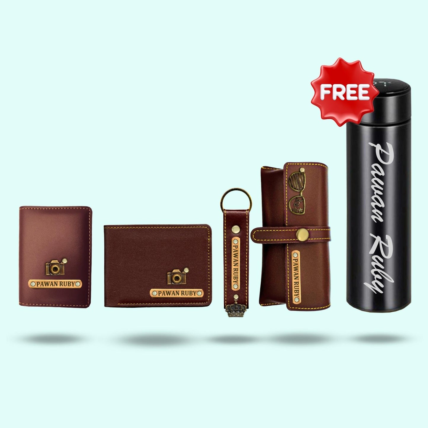 Personalized 5-in-1 Gift Hamper for Men ( Includes 1 Free Bottle ) - Card Holder, Mens Wallet, Keychain, Sunglass Case, Bottle