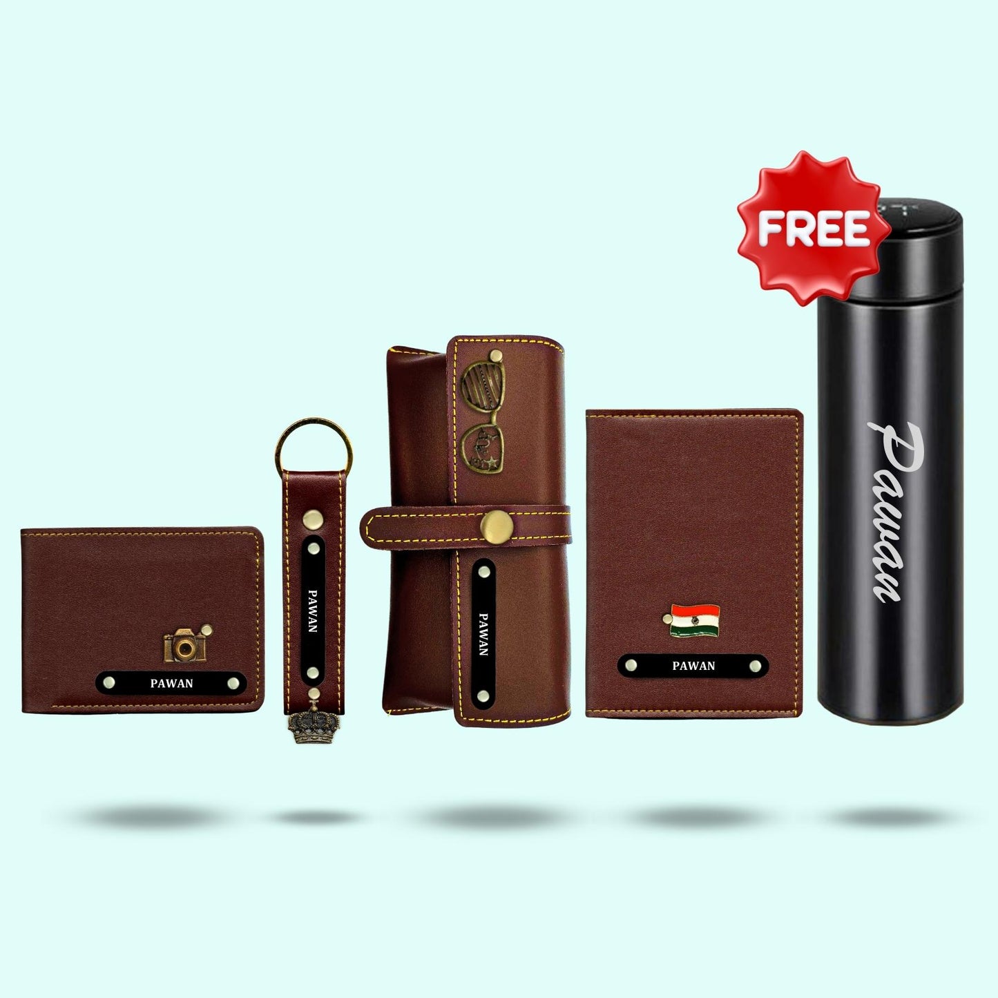 Personalized 5-in-1 Gift Hamper Set for Men ( Includes 1 Free Bottle ) - Black Metal Name Tag