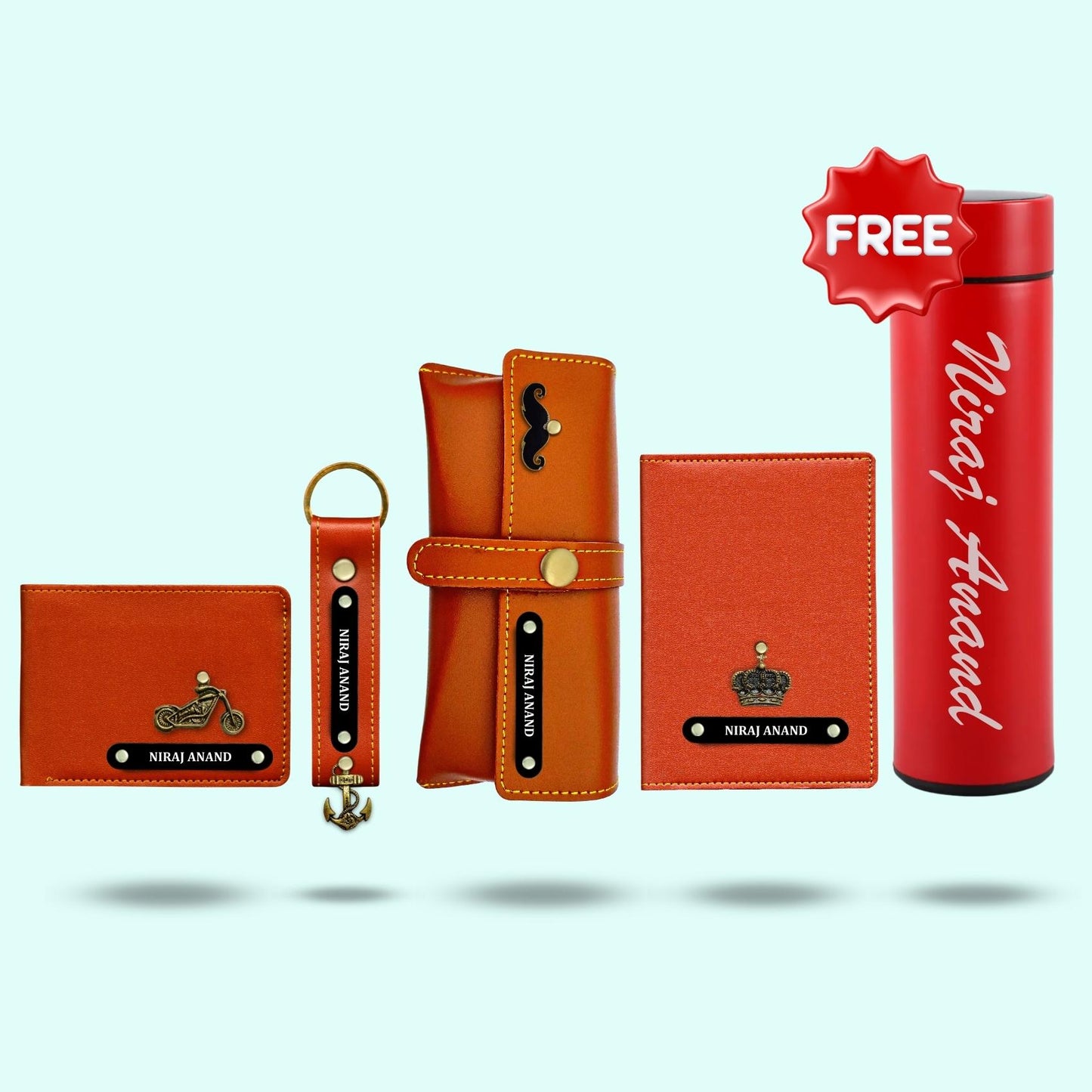 Personalized 5-in-1 Gift Hamper Set for Men ( Includes 1 Free Bottle ) - Black Metal Name Tag
