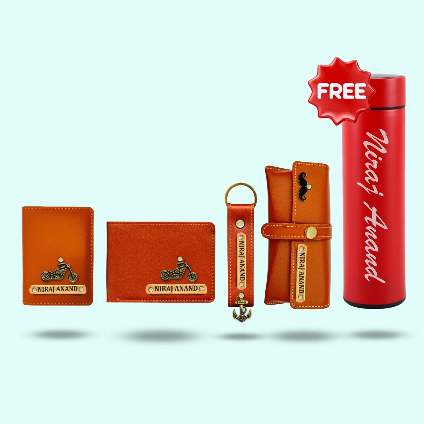 Personalized 5-in-1 Gift Hamper for Men ( Includes 1 Free Bottle ) - Card Holder, Mens Wallet, Keychain, Sunglass Case, Bottle