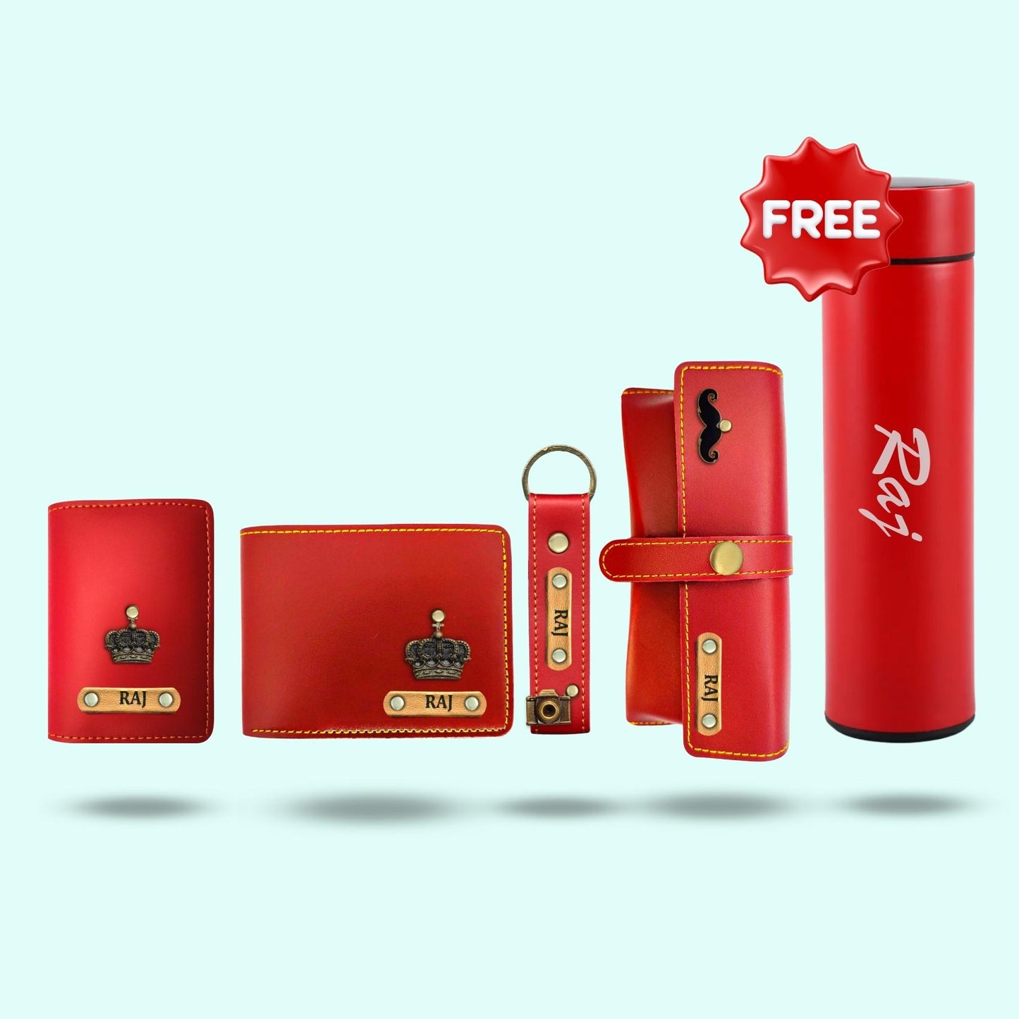 Personalized 5-in-1 Gift Hamper for Men ( Includes 1 Free Bottle ) - Card Holder, Mens Wallet, Keychain, Sunglass Case, Bottle