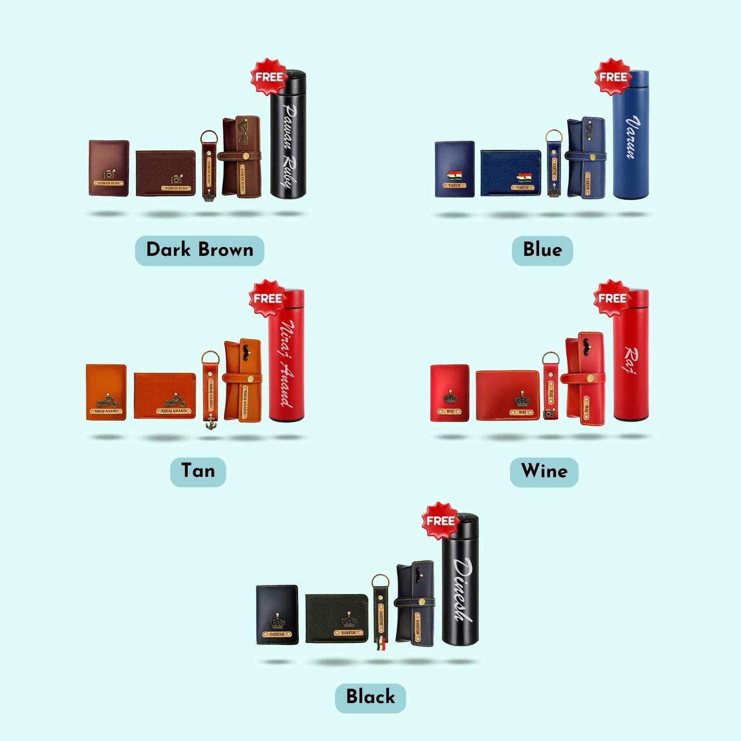 Personalized 5-in-1 Gift Hamper for Men ( Includes 1 Free Bottle ) - Card Holder, Mens Wallet, Keychain, Sunglass Case, Bottle