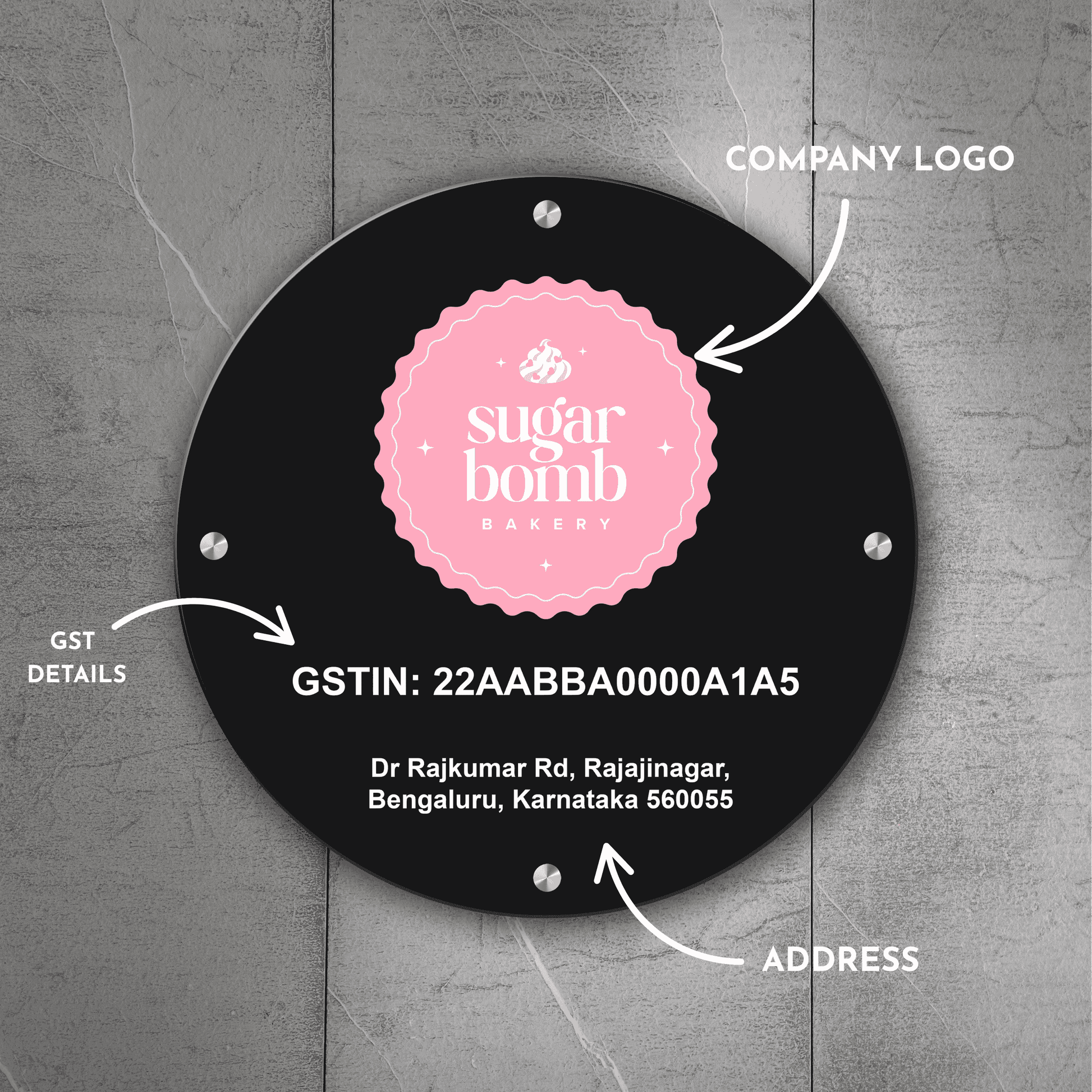 Custom Black Acrylic Round Business Logo, GST Signs - UV Printed