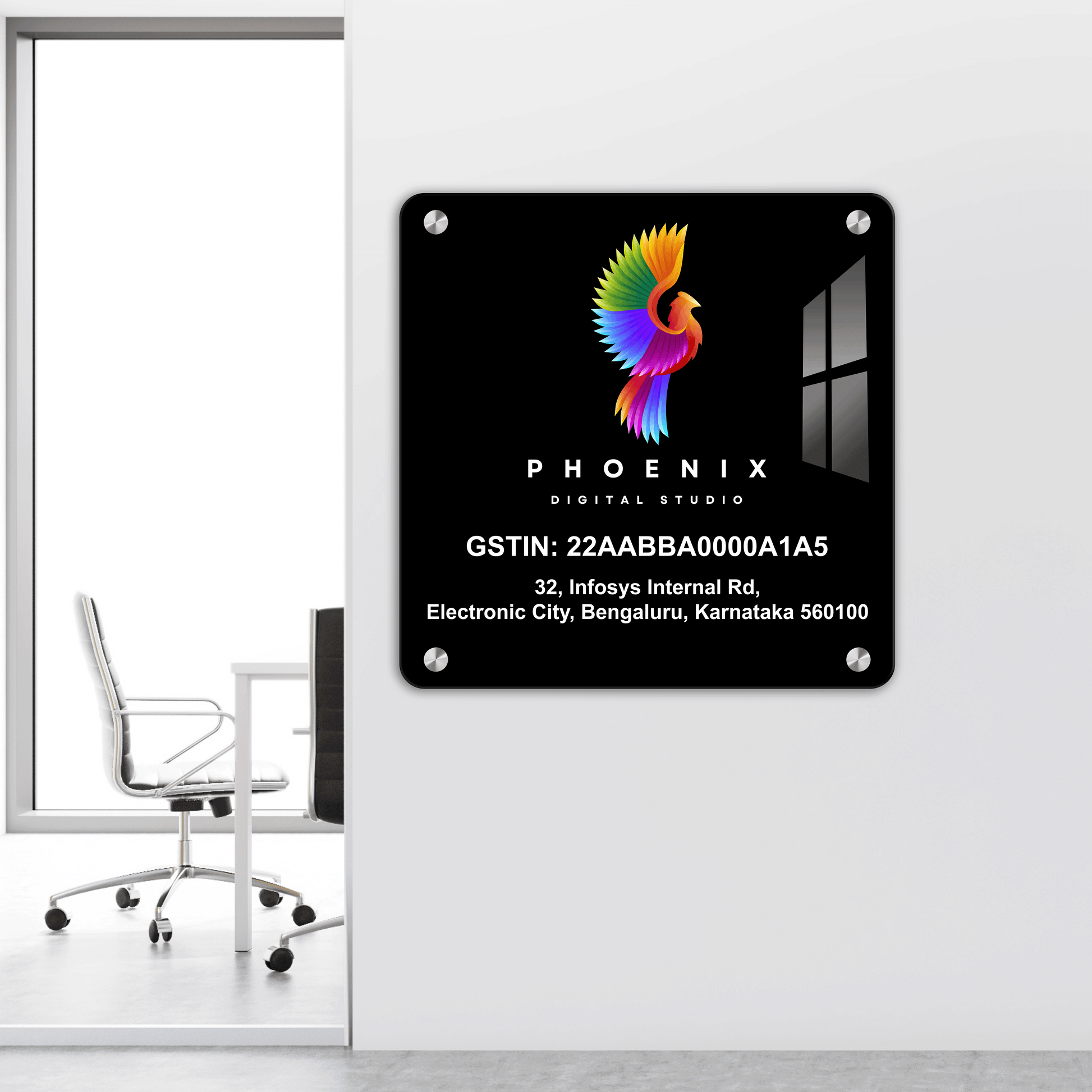 Custom Black Acrylic Square Business Logo, GST Signs - UV Printed