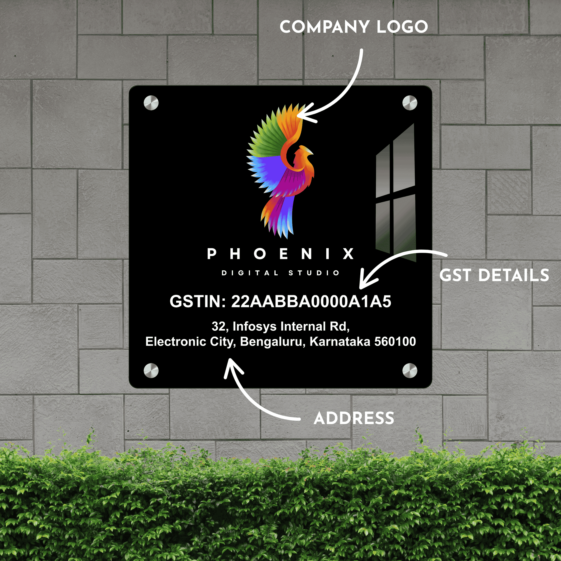 Custom Black Acrylic Square Business Logo, GST Signs - UV Printed