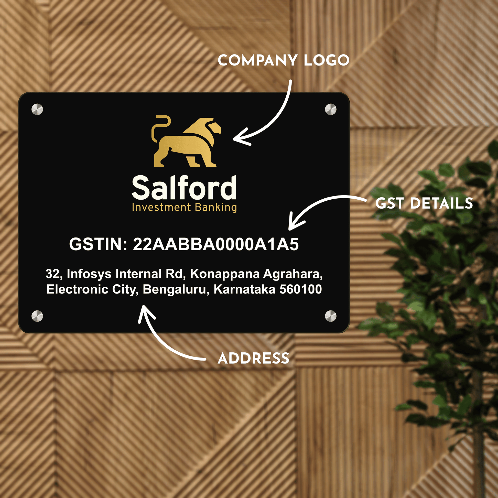 Custom Black Acrylic Rectangular Business Logo, GST Signs - UV Printed