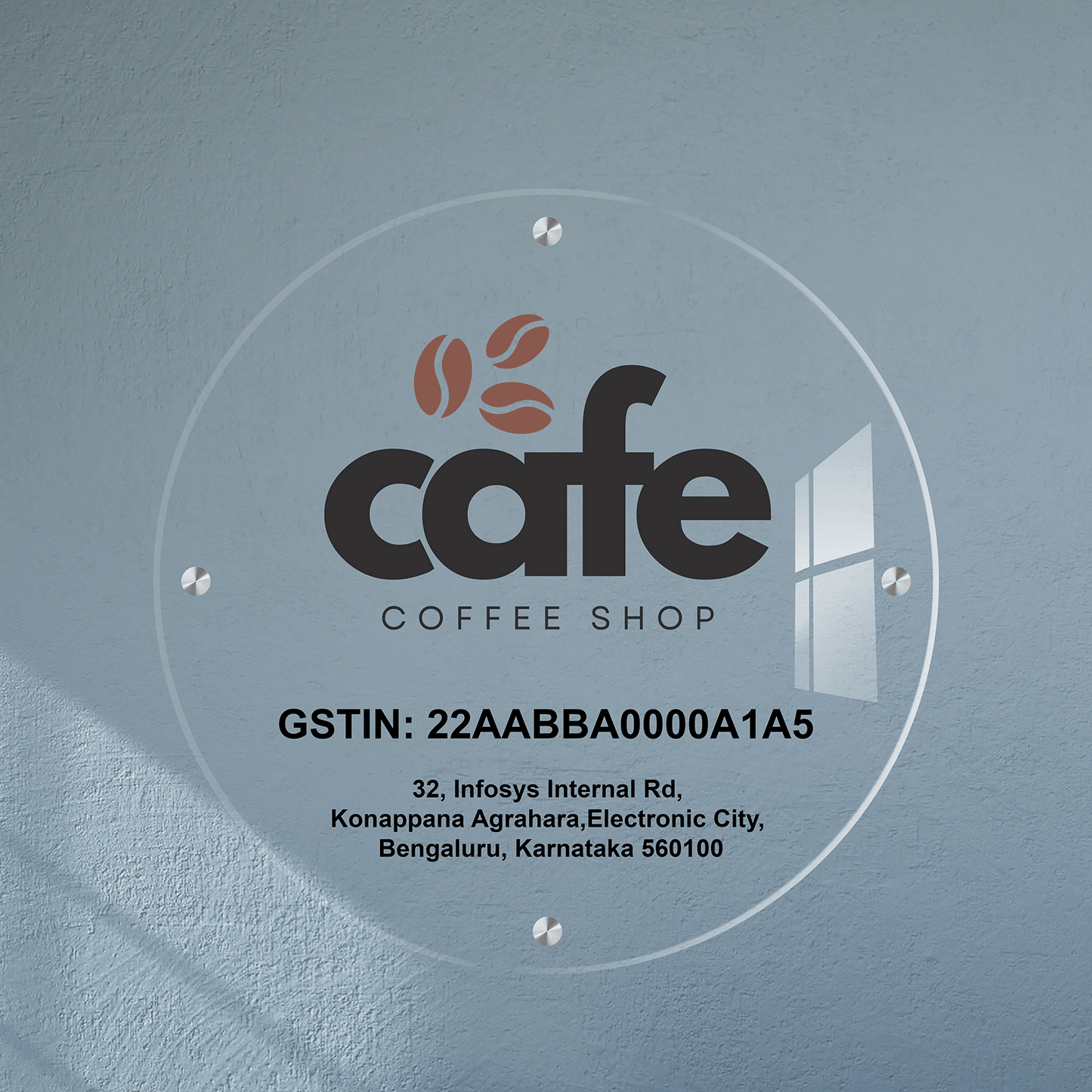 Custom Clear Acrylic Round Business Logo, GST Signs - UV Printed
