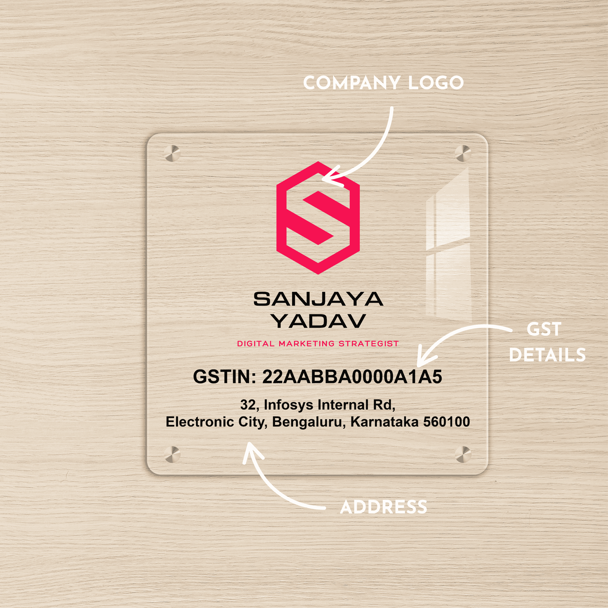 Custom Clear Acrylic Square Business Logo, GST Signs - UV Printed