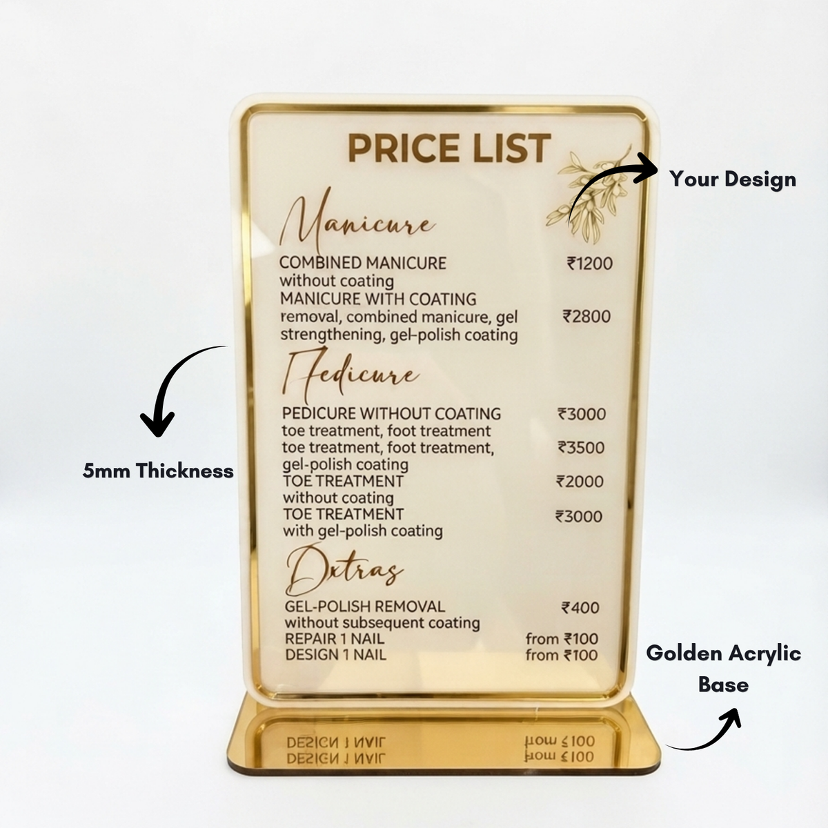 Custom Printed Acrylic Price List Standy with Gold Border & Base