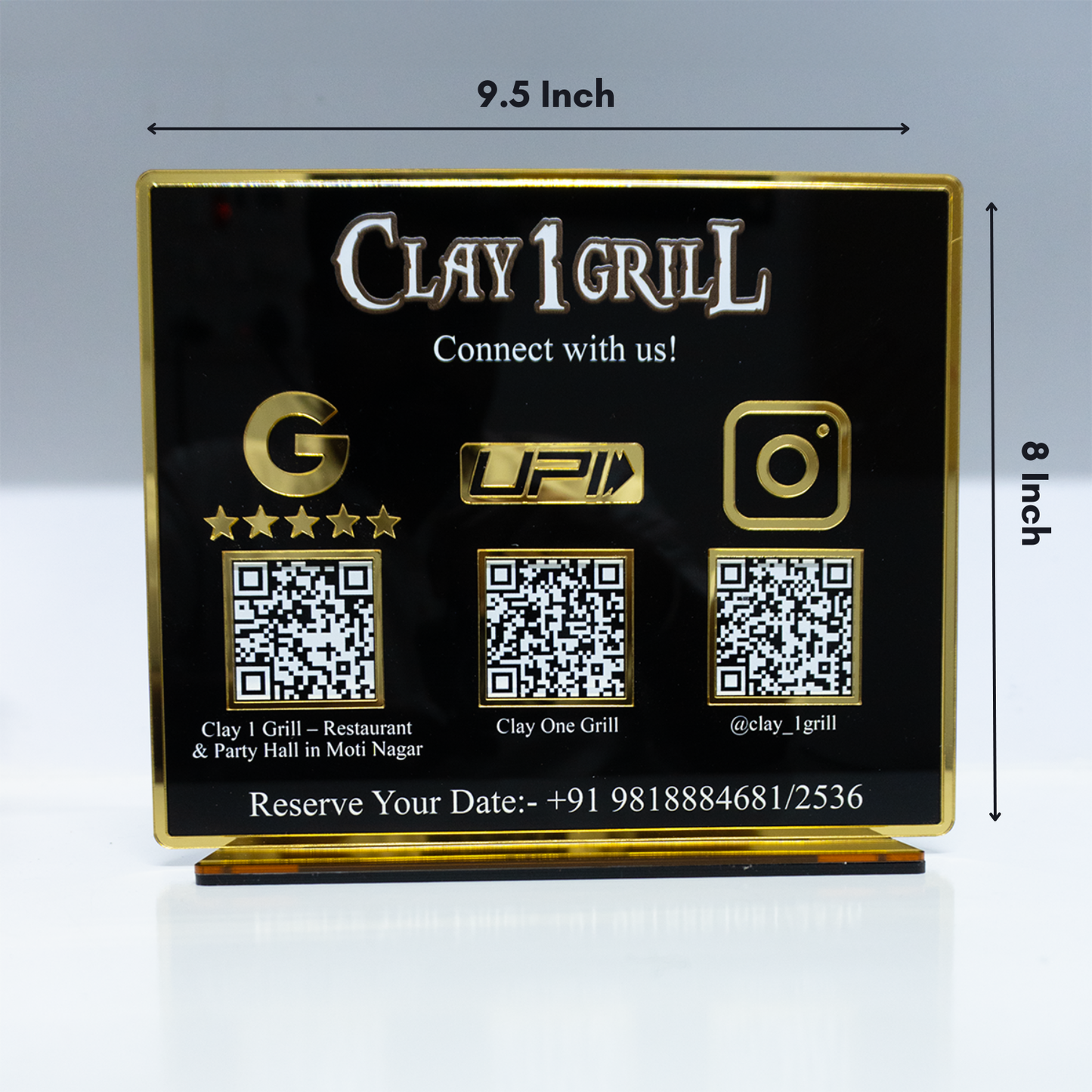 Customized Business Black Acrylic QR Stand with Gold Border - Scan & Pay