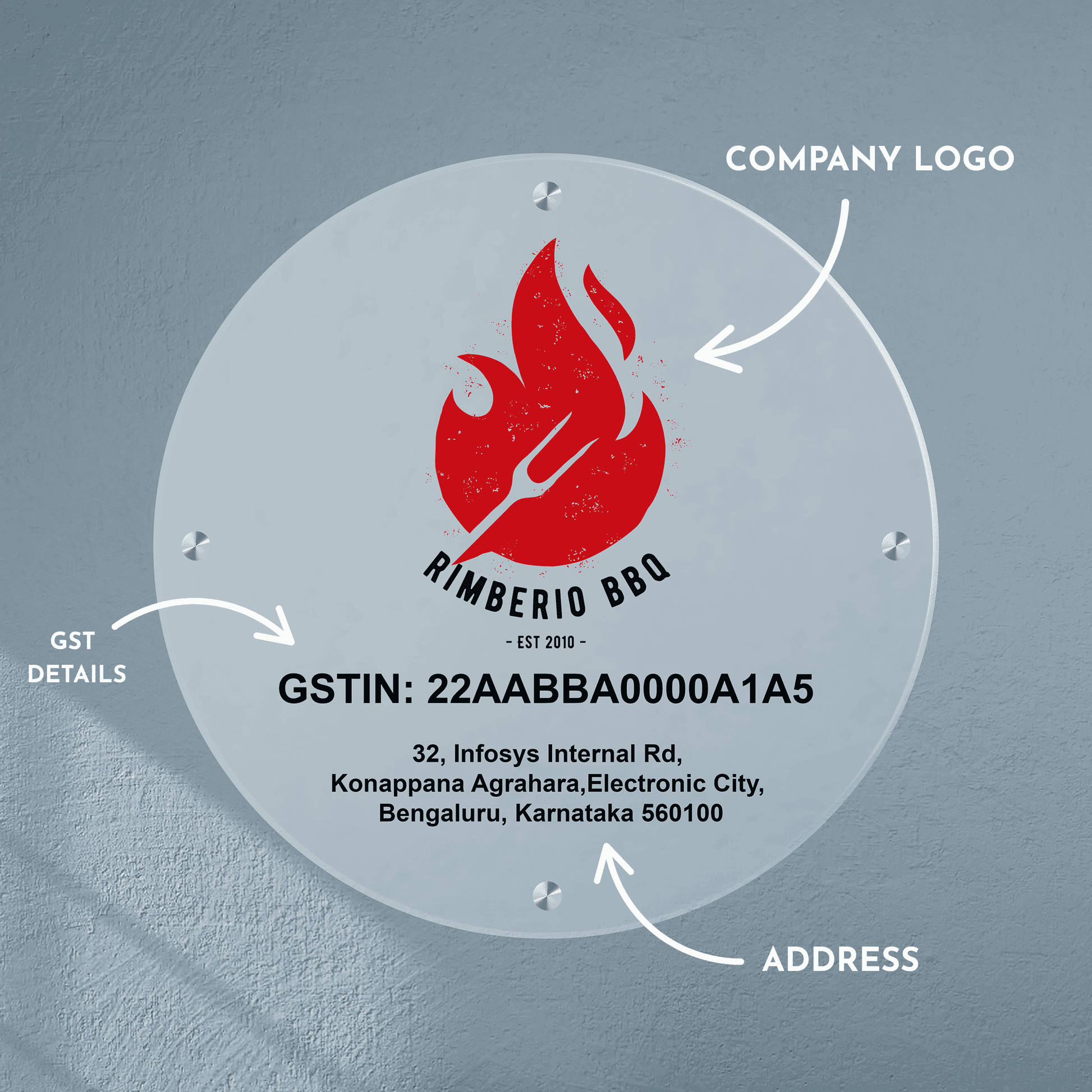 Custom Frosted Acrylic Round Business Logo, GST Signs - UV Printed