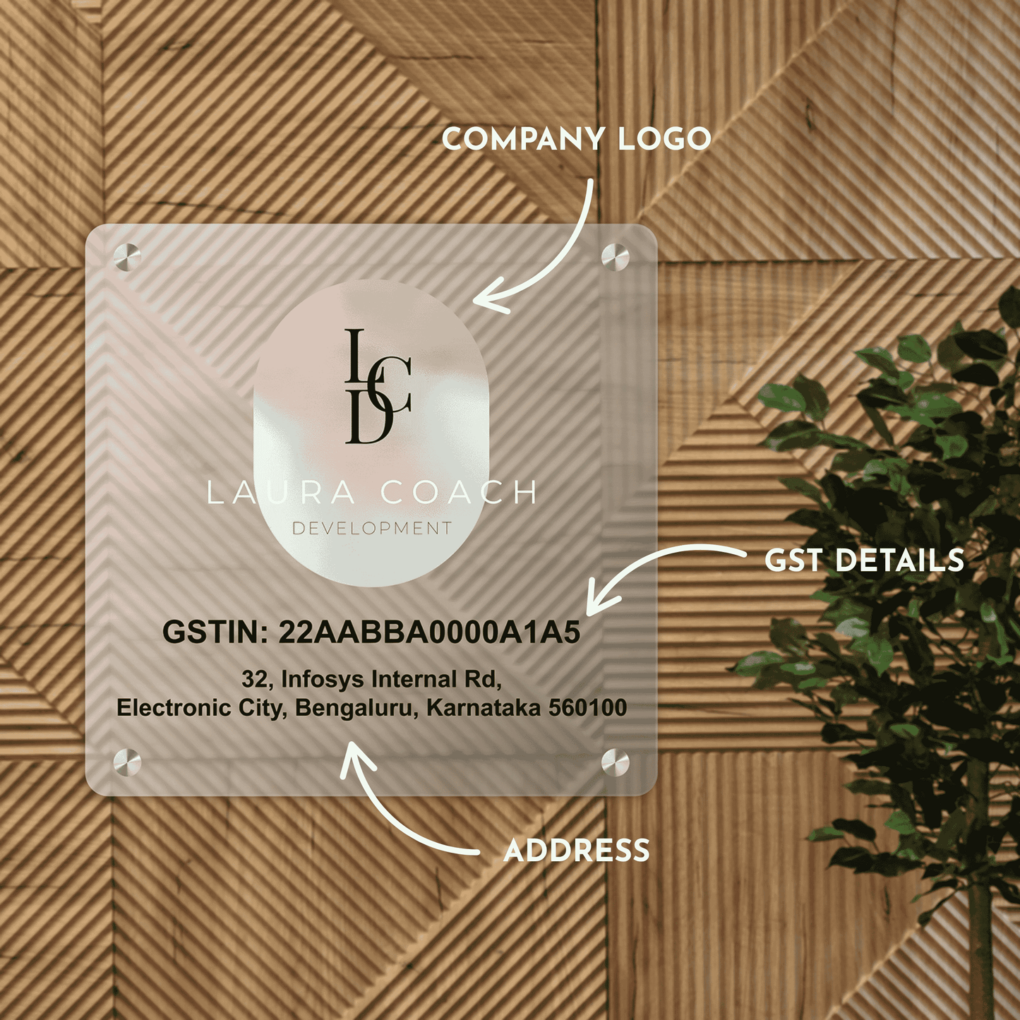 Custom Frosted Acrylic Square Business Logo, GST Signs - UV Printed