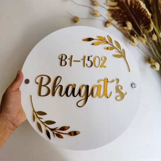 Luxury Round Acrylic Name Plate – Customized House Number & Family Name in Gold Finish