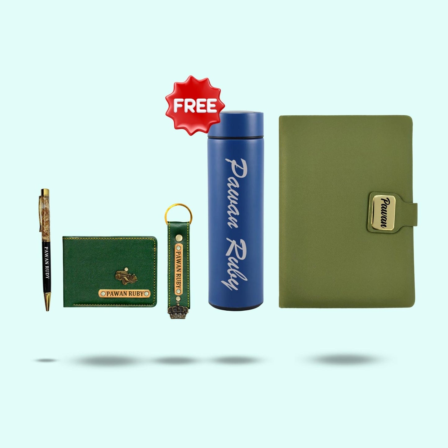 Personalised Essential Hamper for Men 5-in-1 - Men's wallet, Keychain, Diary, Pen & Free Bottle