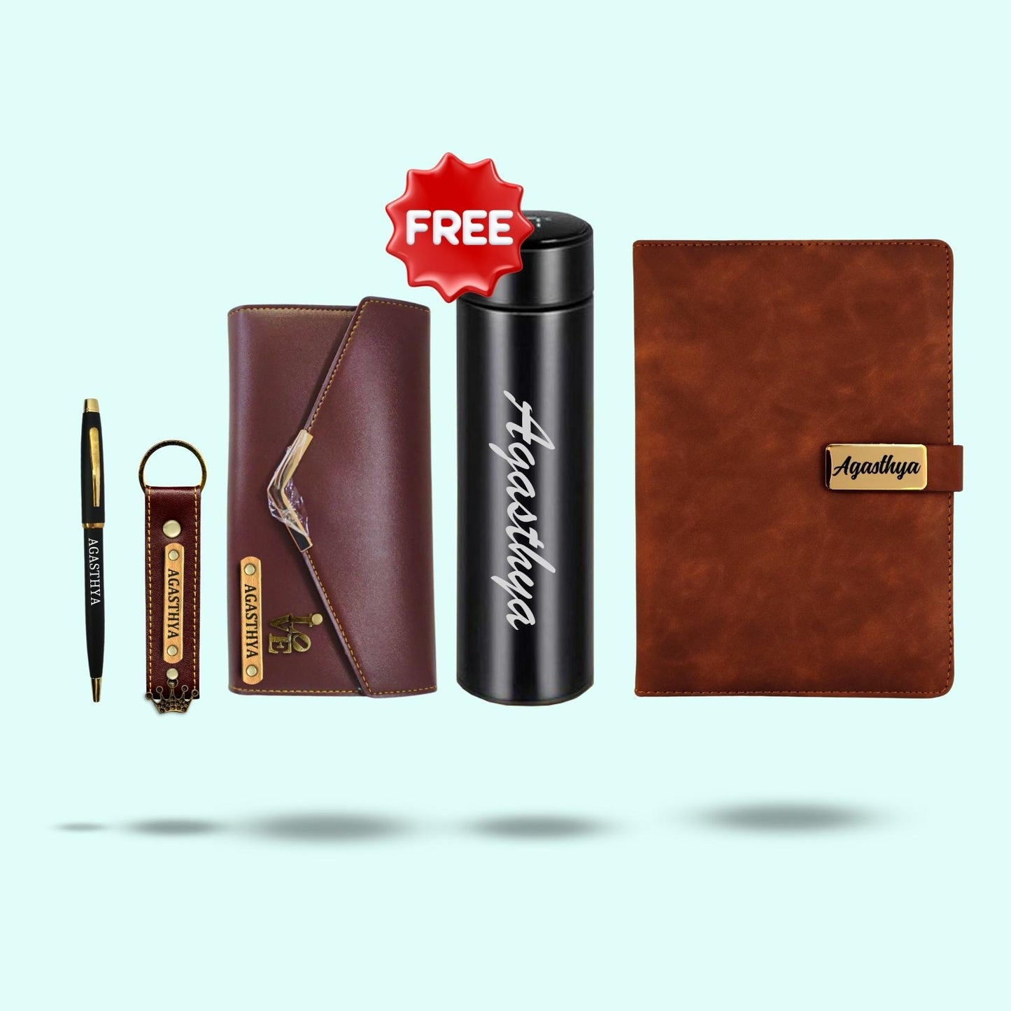 Personalised Essential Hamper for Women 5-in-1 - Women's wallet, Keychain, Diary, Pen & Free Bottle