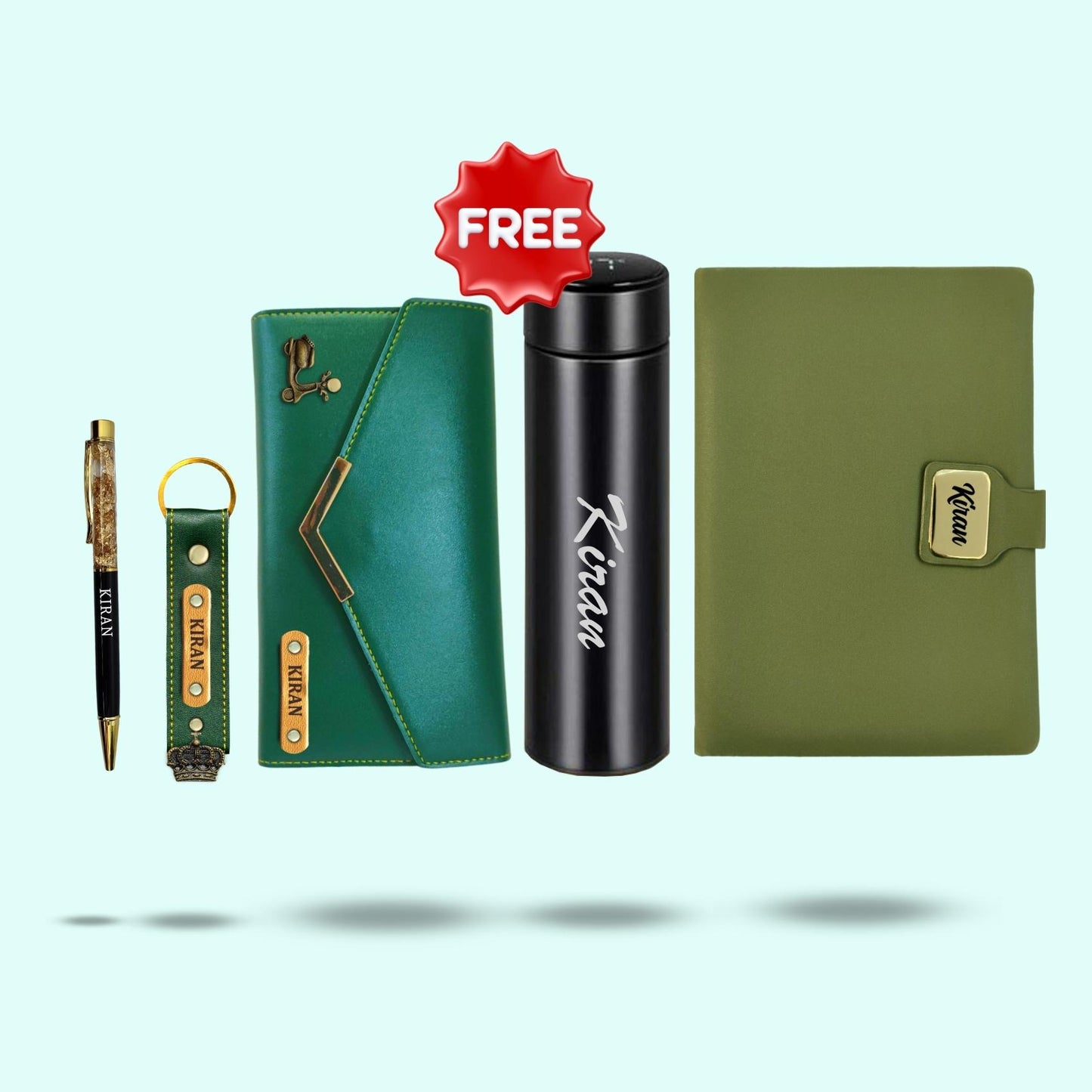 Personalised Essential Hamper for Women 5-in-1 - Women's wallet, Keychain, Diary, Pen & Free Bottle