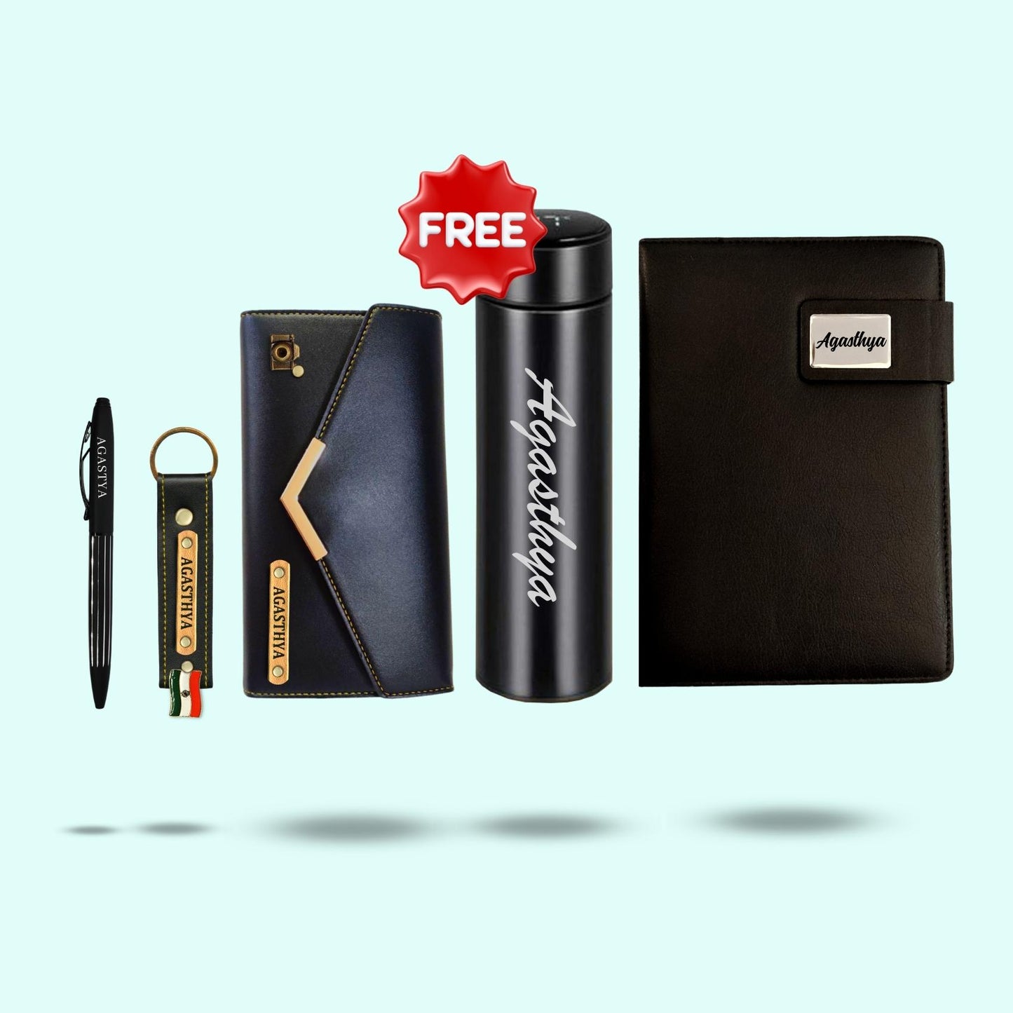 Personalised Essential Hamper for Women 5-in-1 - Women's wallet, Keychain, Diary, Pen & Free Bottle