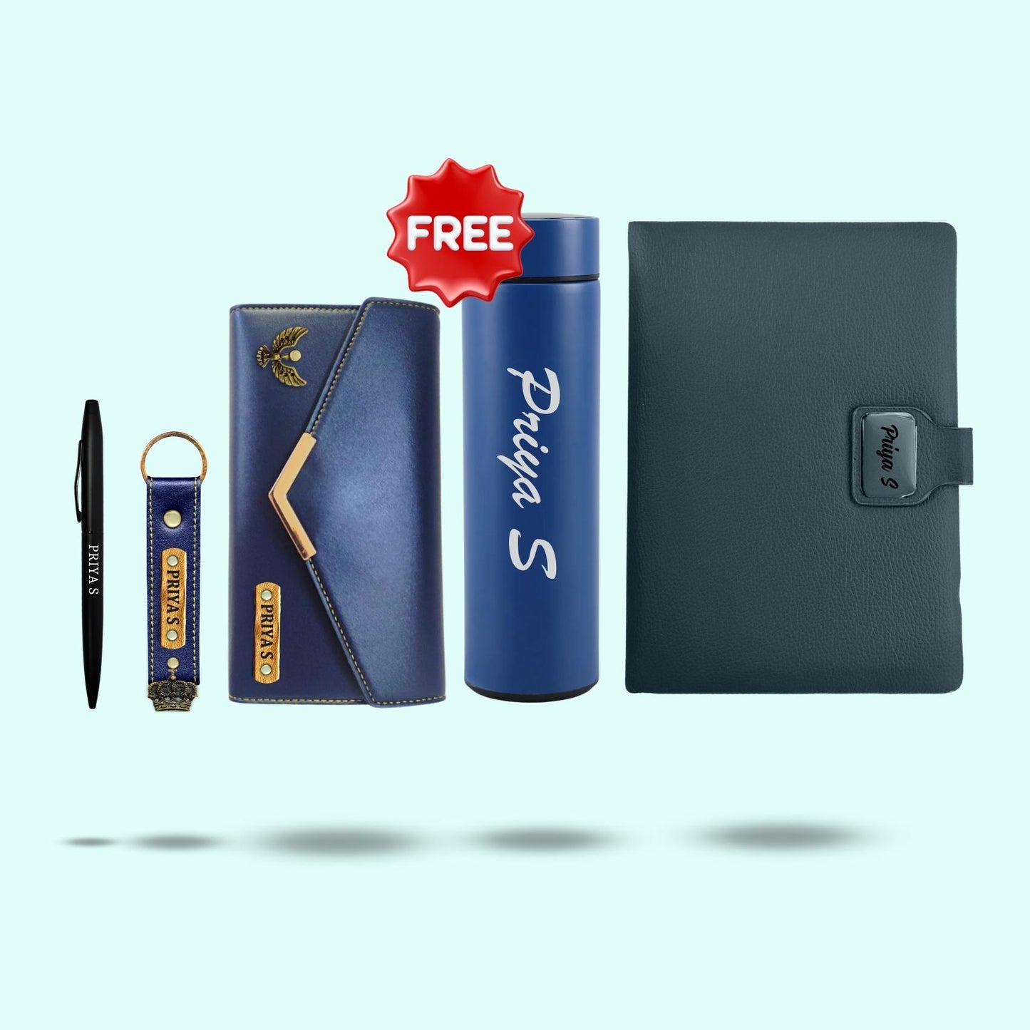 Personalised Essential Hamper for Women 5-in-1 - Women's wallet, Keychain, Diary, Pen & Free Bottle