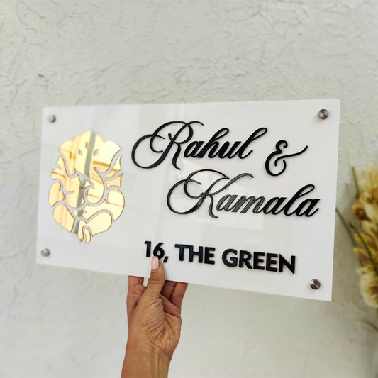 Personalized Acrylic Home Name Plate with Couple Names & Flat No. – Modern White Gloss Finish
