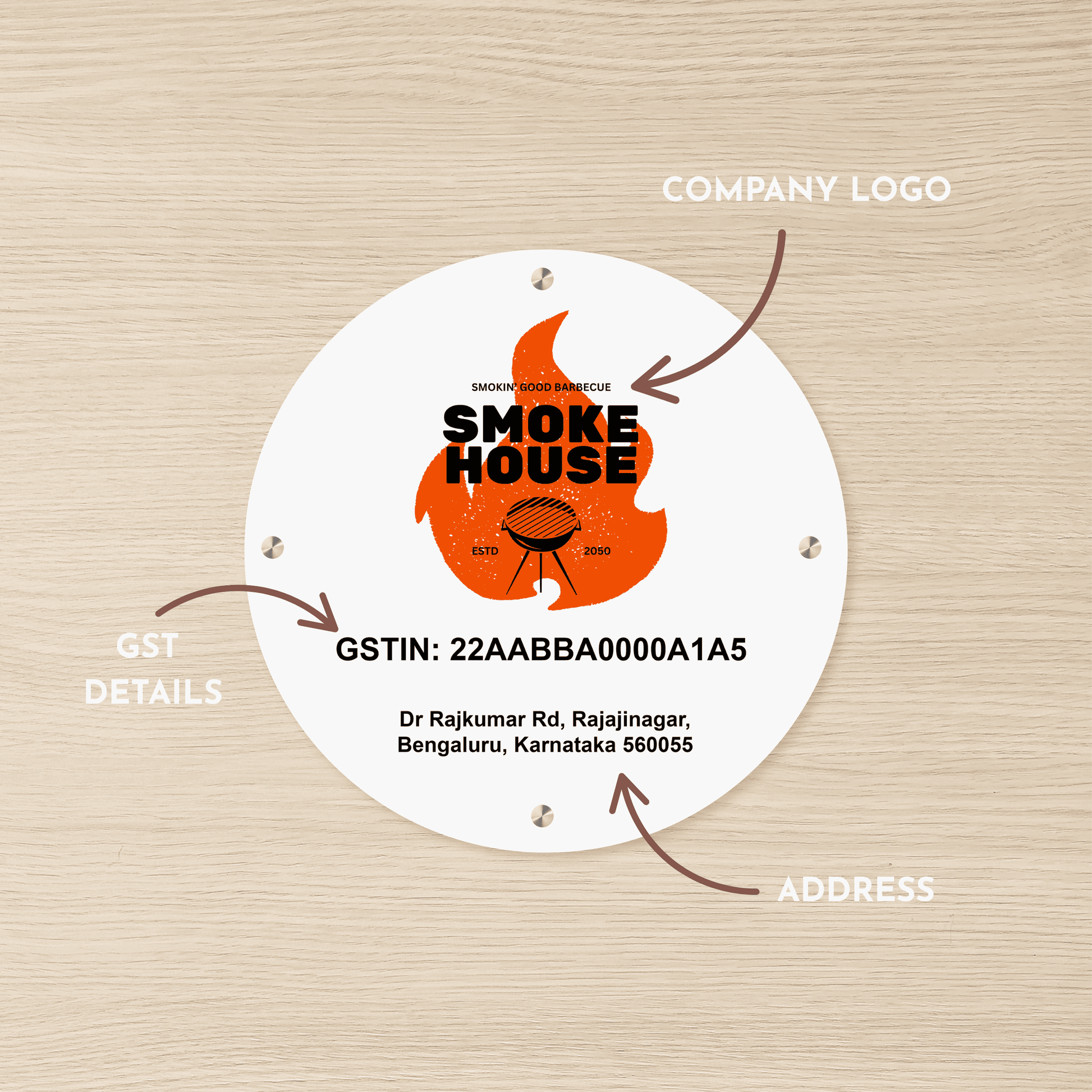 Custom White Acrylic Round Business Logo, GST Signs - UV Printed