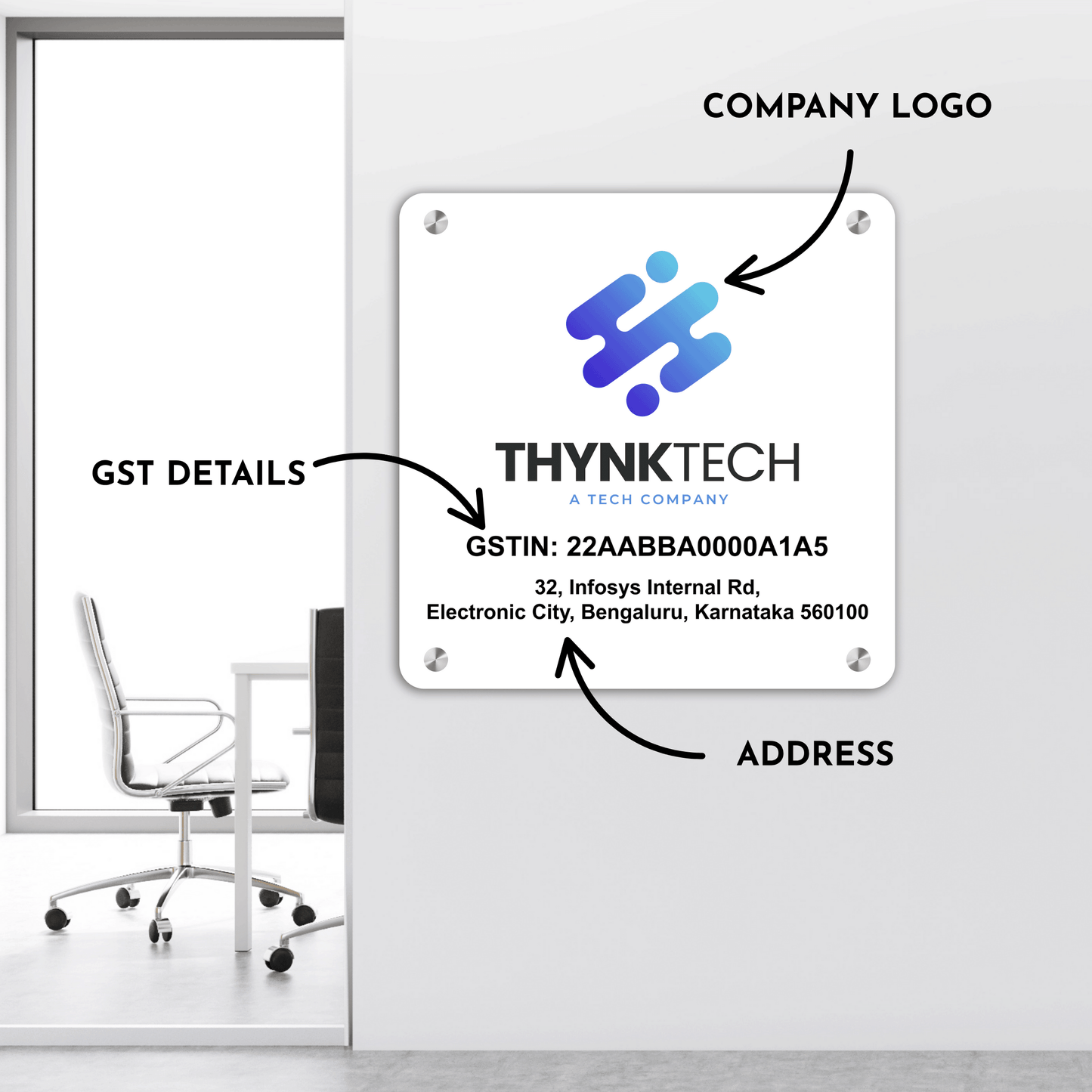 Custom White Acrylic Square Business Logo, GST Signs - UV Printed