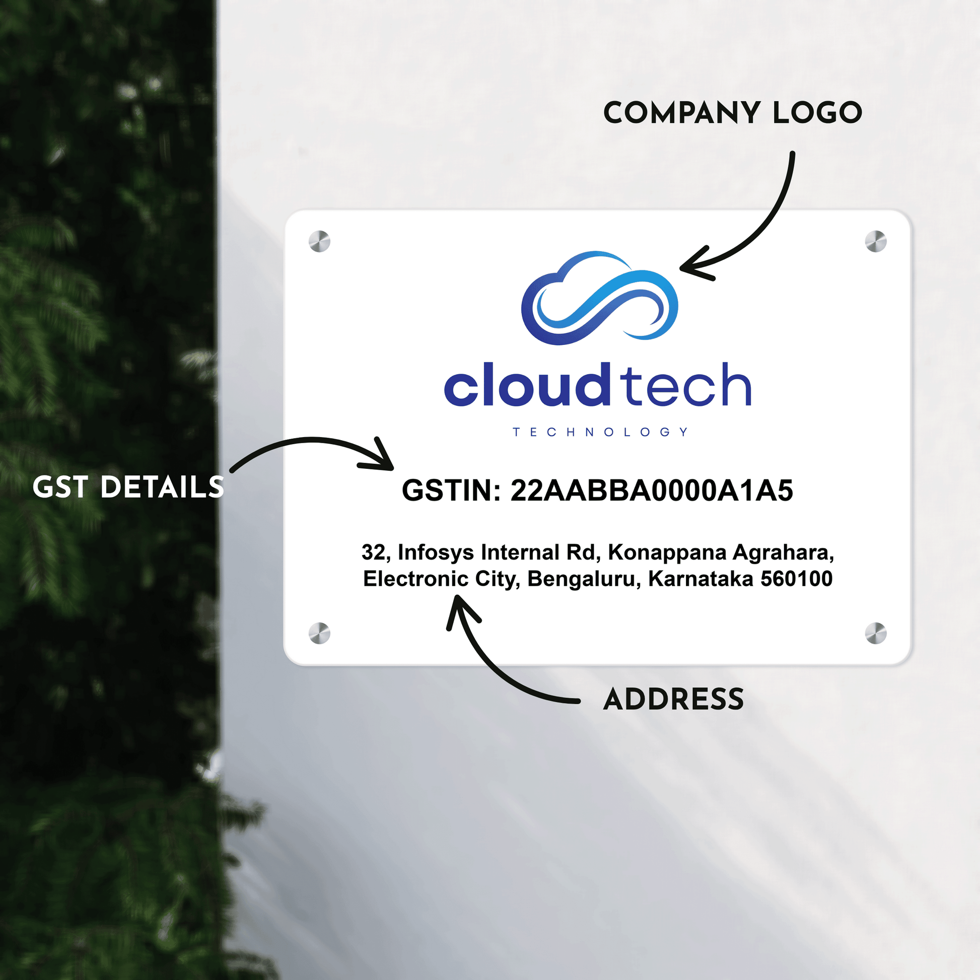 Custom White Acrylic Rectangular Business Logo, GST Signs - UV Printed