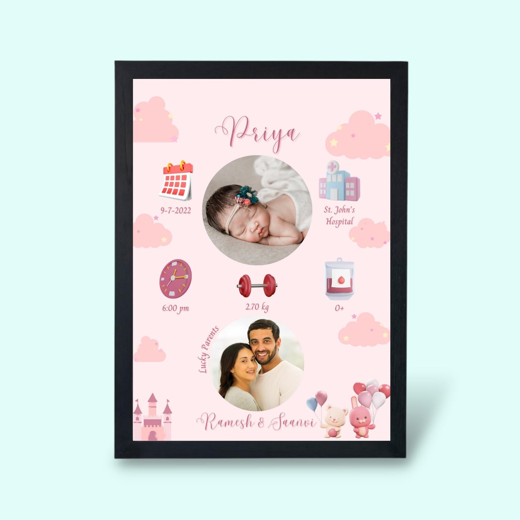 Personalized New Baby Born Frame - Girl