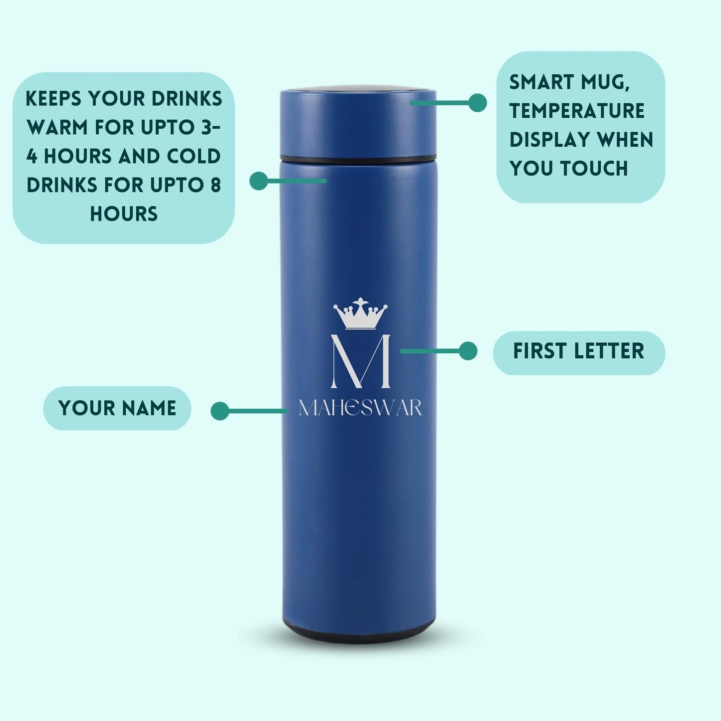 Personalized Temperature Water Bottle - King Crown on Capital Letter