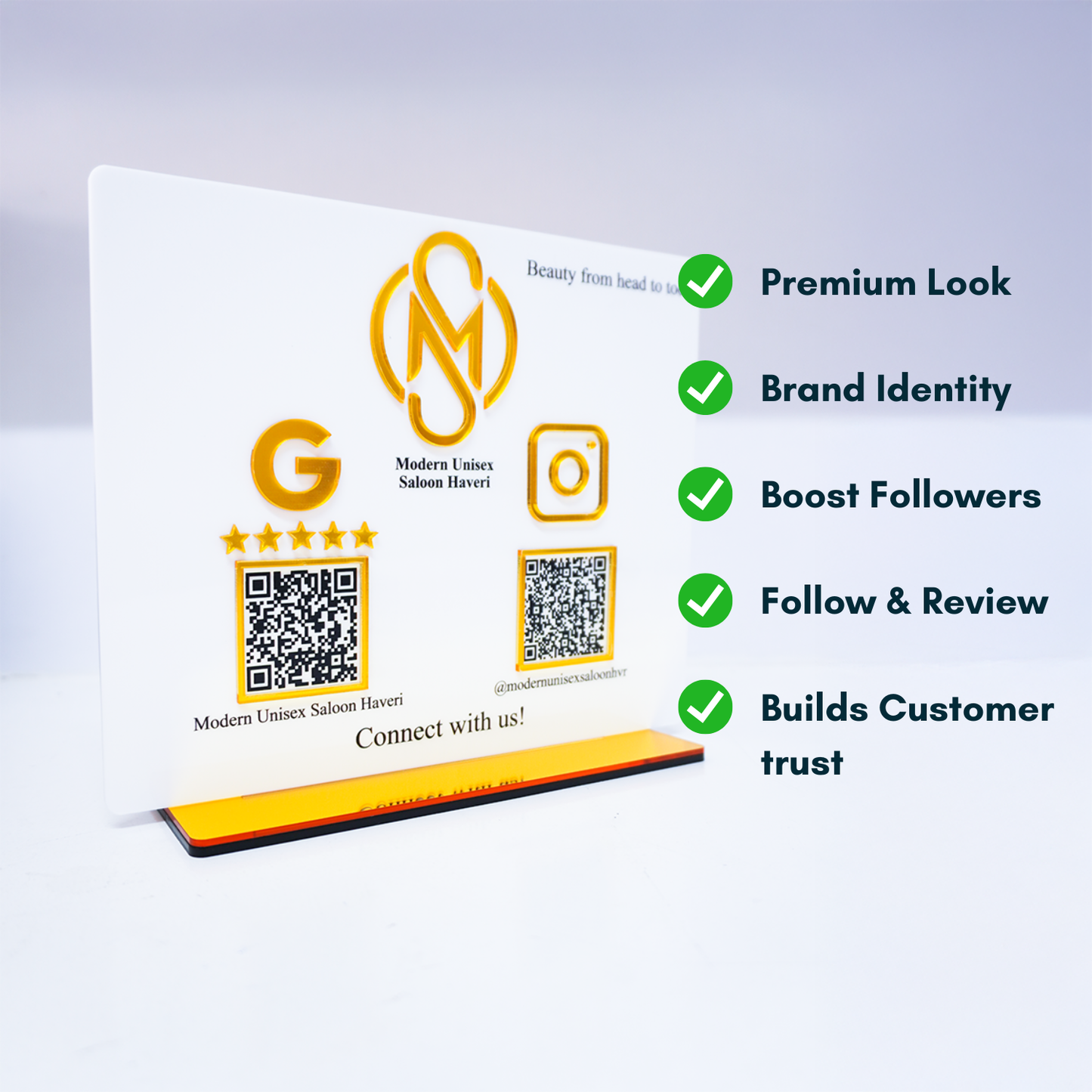 Custom Connect White QR Display Stand with 3D Logo - Follow & Google Review