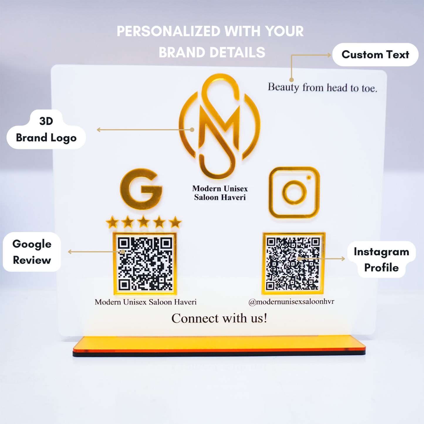 Custom Connect White QR Display Stand with 3D Logo - Follow & Google Review