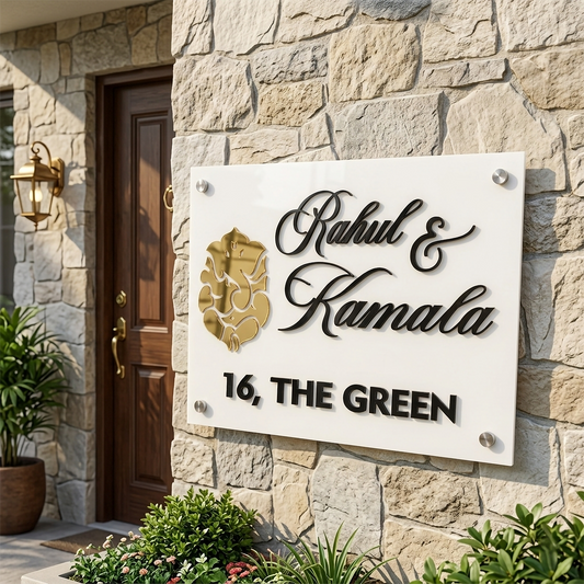 3D Custom Acrylic Nameplate for Home Entrance – Personalized Mirror Gold Ganesha & Raised Black Lettering Door Name Board