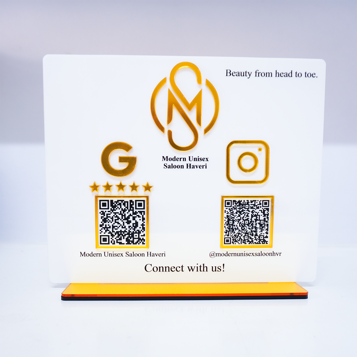 Custom Connect White QR Display Stand with 3D Logo - Follow & Google Review