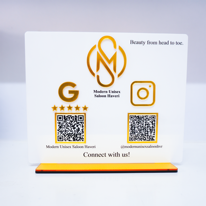 Custom Connect White QR Display Stand with 3D Logo - Follow & Google Review
