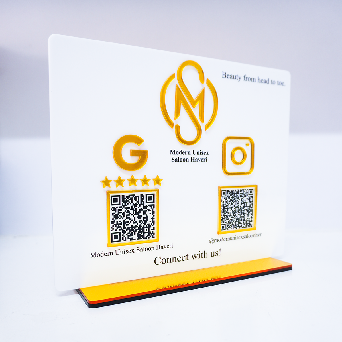 Custom Connect White QR Display Stand with 3D Logo - Follow & Google Review
