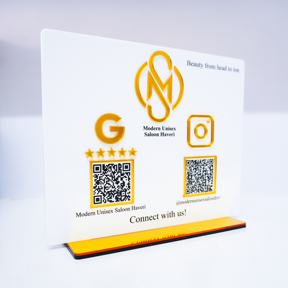Custom Connect White QR Display Stand with 3D Logo - Follow & Google Review
