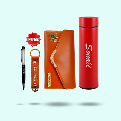 Personalized 4-in-1 Hamper Set for Women - Wallet, Pen, Bottle and Free Keychain
