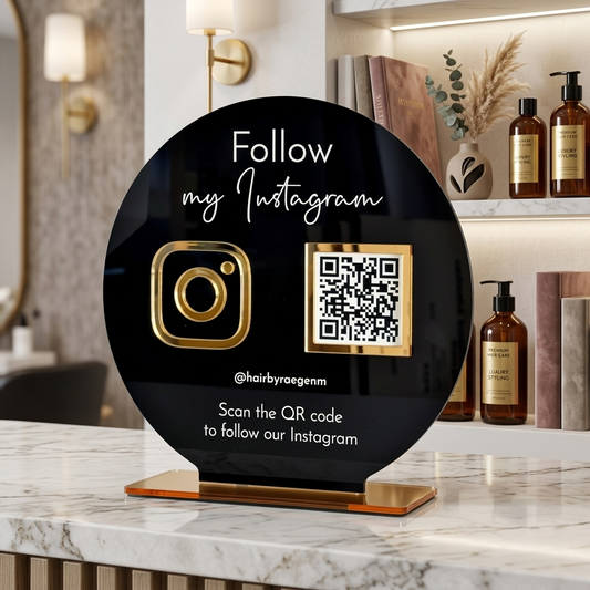Black & Gold Acrylic Instagram QR Code Display Stand | Custom Circular Social Media Counter Sign