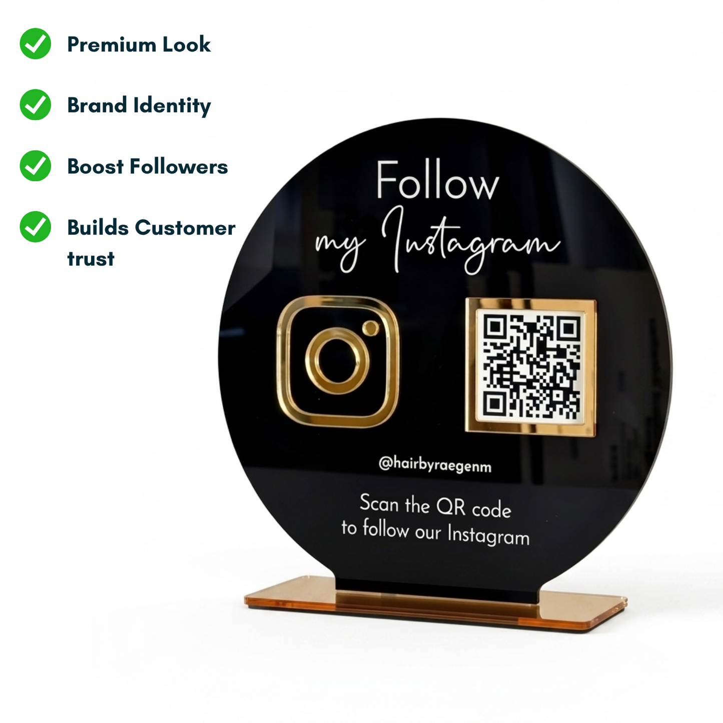 Black & Gold Acrylic Instagram QR Code Display Stand | Custom Circular Social Media Counter Sign