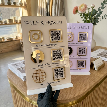 Custom 3D Acrylic Business QR Code Display Stand – Multi-Link Social Media & Payment Sign